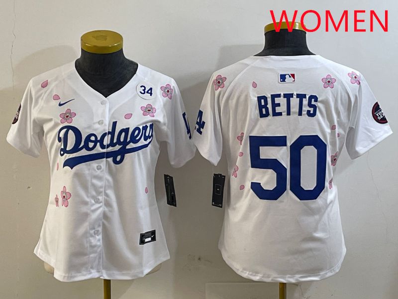 Women Los Angeles Dodgers #50 Betts White Sakura Edition 2025 Nike MLB Jersey style 7